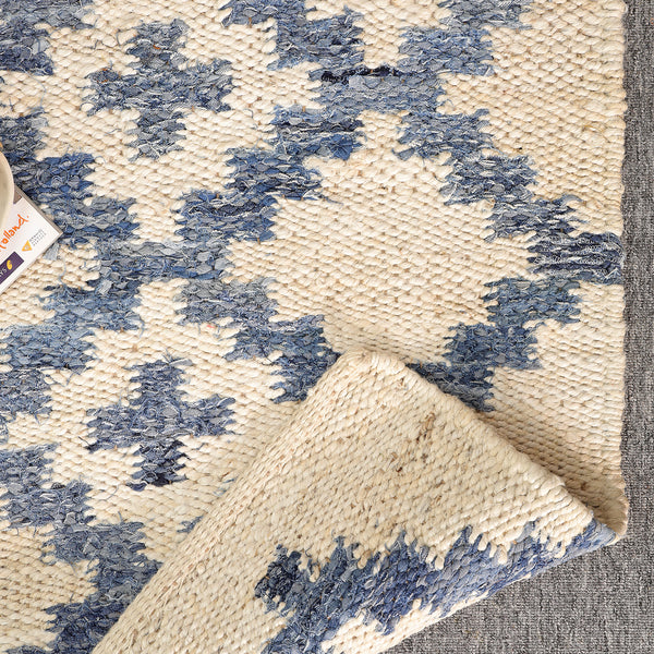 Handwoven Ivory & Blue Jute Runner Rug | Moroccan Geometric Boho Hallway Carpet