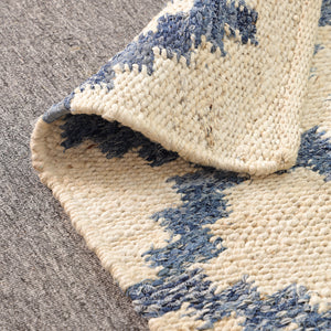 Handwoven Ivory & Blue Jute Runner Rug | Moroccan Geometric Boho Hallway Carpet