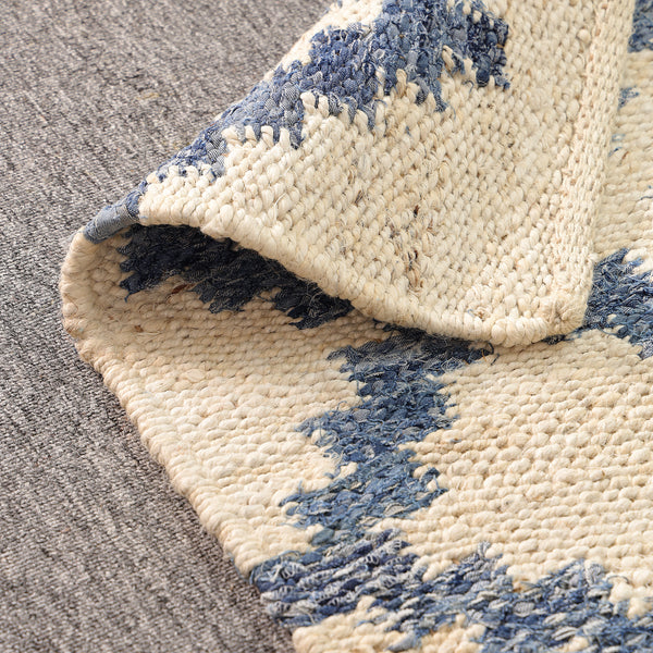 Handwoven Ivory & Blue Jute Runner Rug | Moroccan Geometric Boho Hallway Carpet