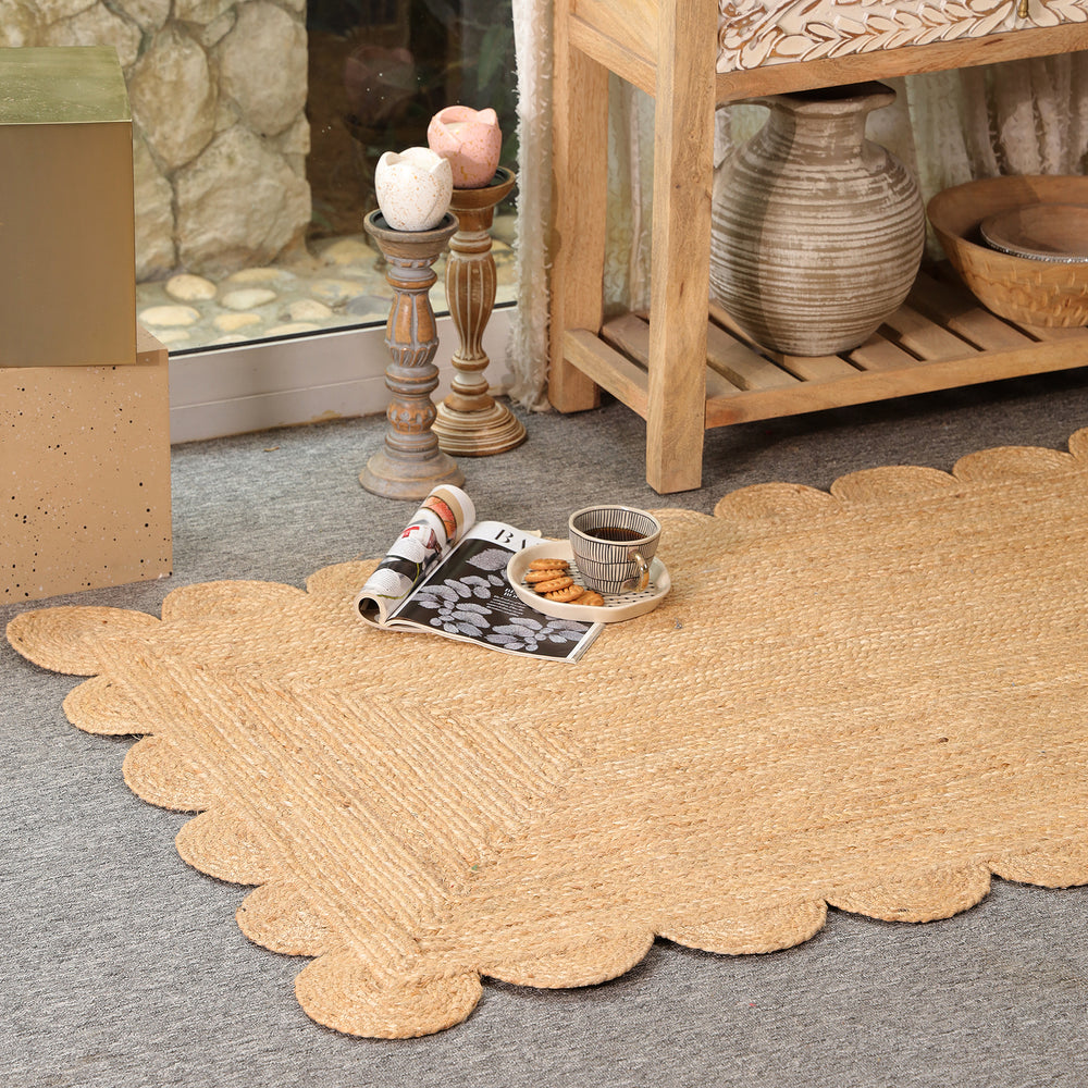 Handwoven Natural Jute Scalloped Area Rug | Eco-Friendly Boho Living Room Carpet
