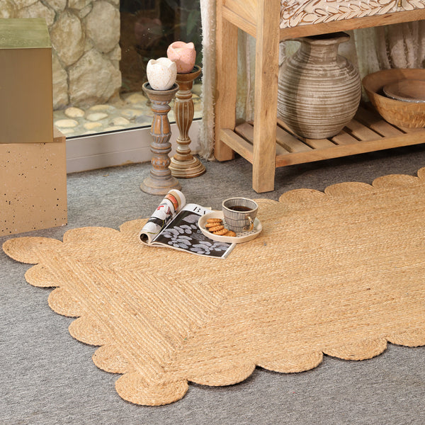 Handwoven Natural Jute Scalloped Area Rug | Eco-Friendly Boho Living Room Carpet