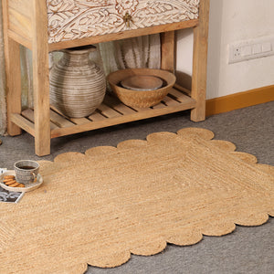Handwoven Natural Jute Scalloped Area Rug | Eco-Friendly Boho Living Room Carpet
