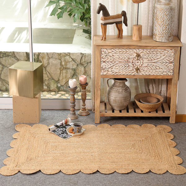 Handwoven Natural Jute Scalloped Area Rug | Eco-Friendly Boho Living Room Carpet