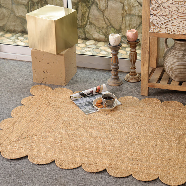 Handwoven Natural Jute Scalloped Area Rug | Eco-Friendly Boho Living Room Carpet