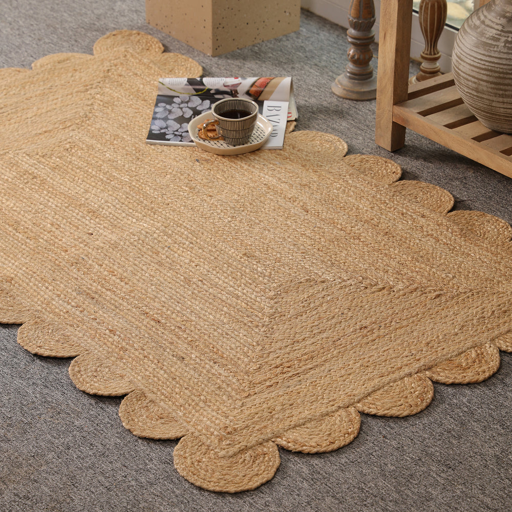 Handwoven Natural Jute Scalloped Area Rug | Eco-Friendly Boho Living Room Carpet