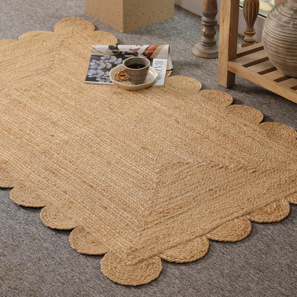 Handwoven Natural Jute Scalloped Area Rug | Eco-Friendly Boho Living Room Carpet
