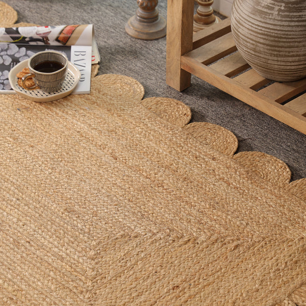 Handwoven Natural Jute Scalloped Area Rug | Eco-Friendly Boho Living Room Carpet