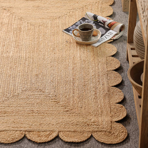 Handwoven Natural Jute Scalloped Area Rug | Eco-Friendly Boho Living Room Carpet