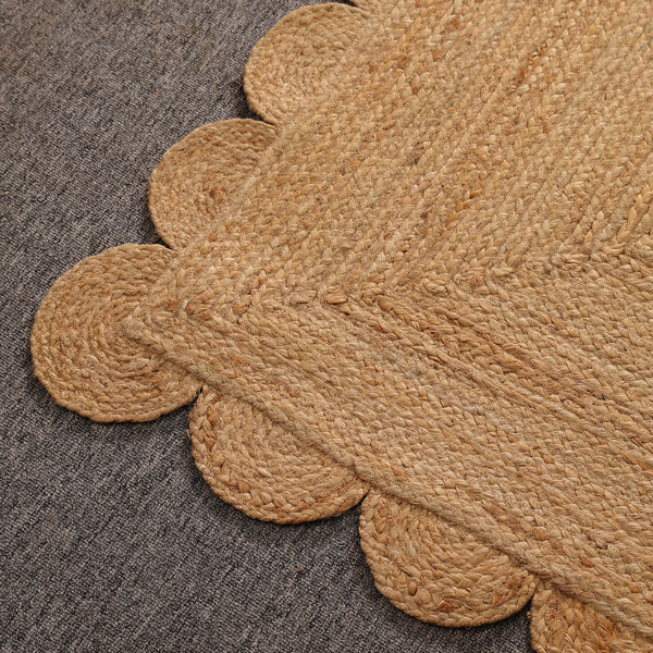 Handwoven Natural Jute Scalloped Area Rug | Eco-Friendly Boho Living Room Carpet