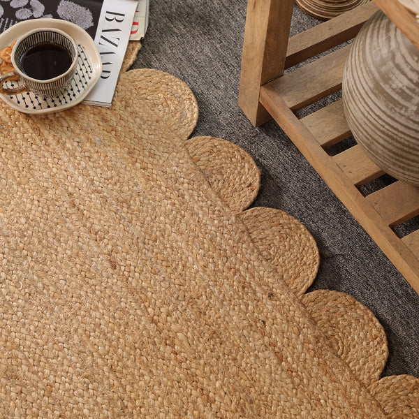 Handwoven Natural Jute Scalloped Area Rug | Eco-Friendly Boho Living Room Carpet