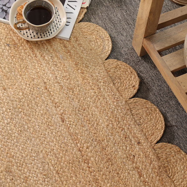 Handwoven Natural Jute Scalloped Area Rug | Eco-Friendly Boho Living Room Carpet