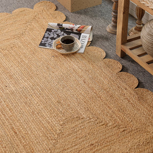 Handwoven Natural Jute Scalloped Area Rug | Eco-Friendly Boho Living Room Carpet