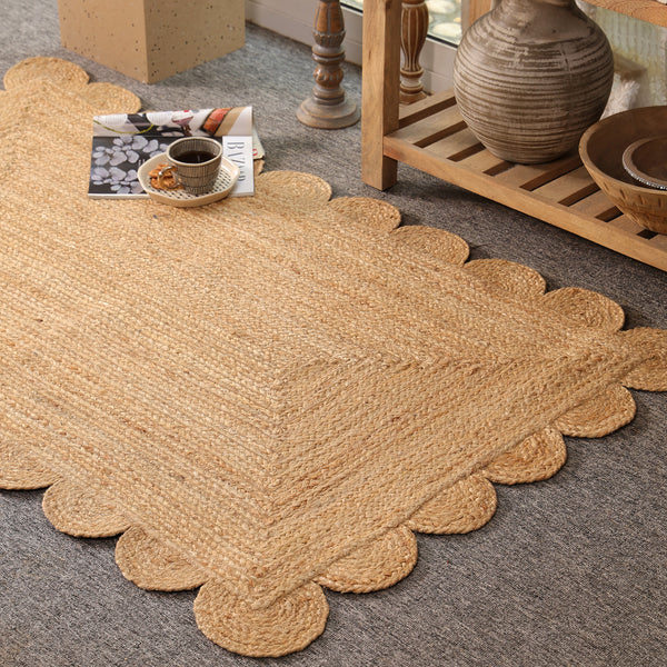 Handwoven Natural Jute Scalloped Area Rug | Eco-Friendly Boho Living Room Carpet