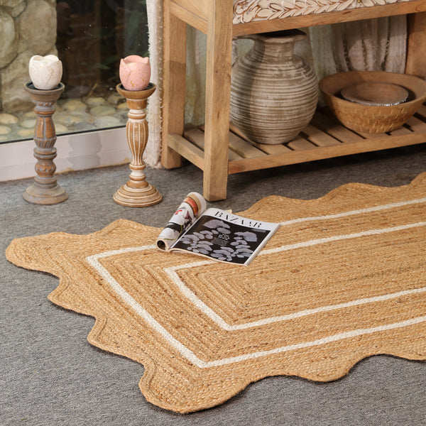 Handwoven Natural Jute Scalloped Rug with White Border | Eco-Friendly Boho Area Rug