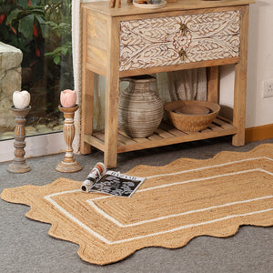 Handwoven Natural Jute Scalloped Rug with White Border | Eco-Friendly Boho Area Rug