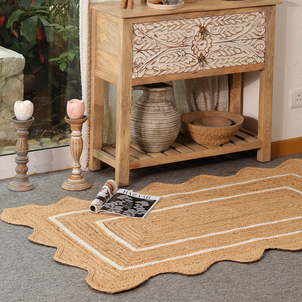 Handwoven Natural Jute Scalloped Rug with White Border | Eco-Friendly Boho Area Rug