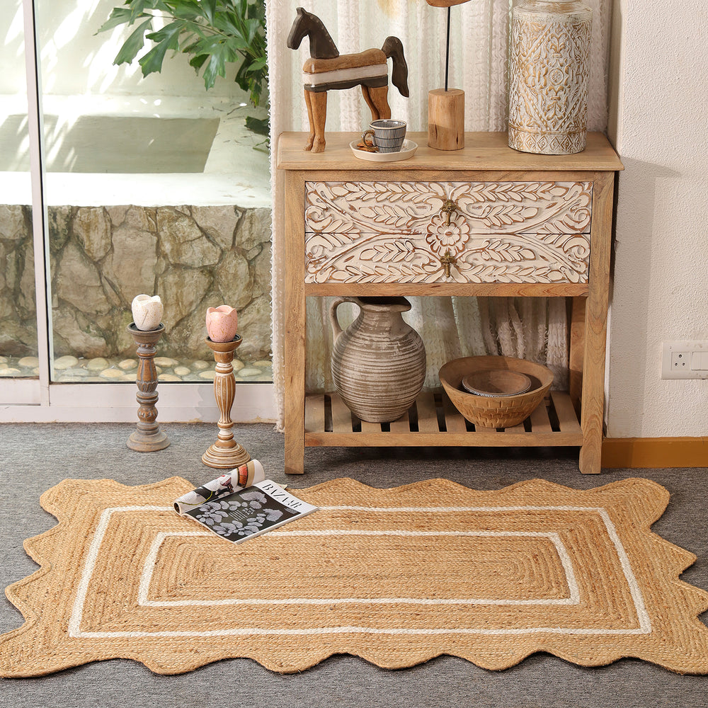 Handwoven Natural Jute Scalloped Rug with White Border | Eco-Friendly Boho Area Rug
