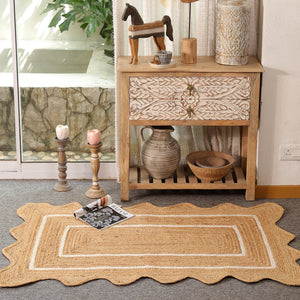 Handwoven Natural Jute Scalloped Rug with White Border | Eco-Friendly Boho Area Rug