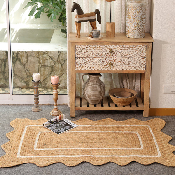 Handwoven Natural Jute Scalloped Rug with White Border | Eco-Friendly Boho Area Rug