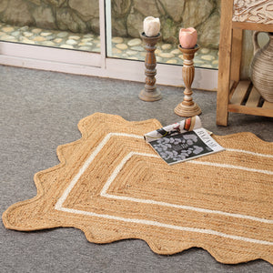 Handwoven Natural Jute Scalloped Rug with White Border | Eco-Friendly Boho Area Rug