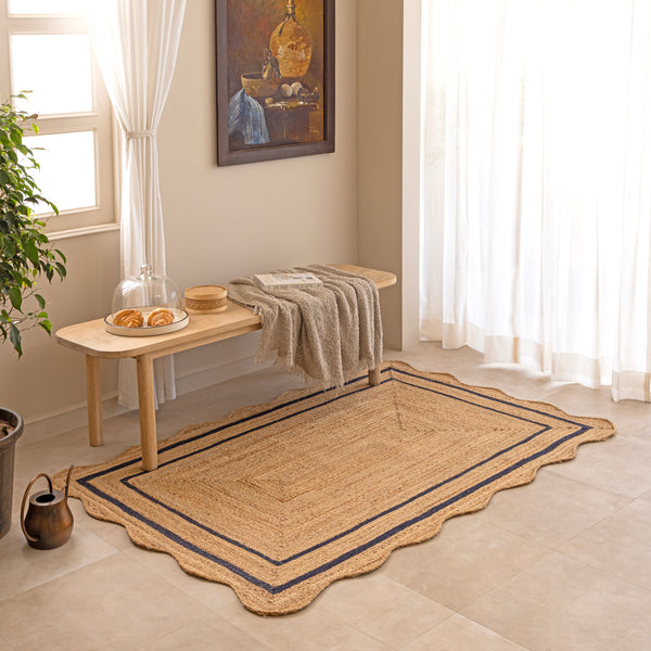Handmade Scalloped Jute Rug with Navy Blue Border Natural Braided Jute Area Rug