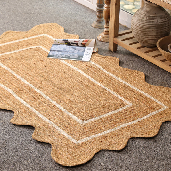 Handwoven Natural Jute Scalloped Rug with White Border | Eco-Friendly Boho Area Rug