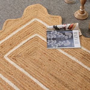 Handwoven Natural Jute Scalloped Rug with White Border | Eco-Friendly Boho Area Rug