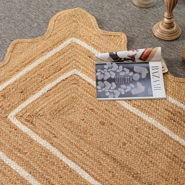Handwoven Natural Jute Scalloped Rug with White Border | Eco-Friendly Boho Area Rug