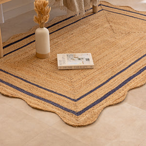 Handmade Scalloped Jute Rug with Navy Blue Border Natural Braided Jute Area Rug