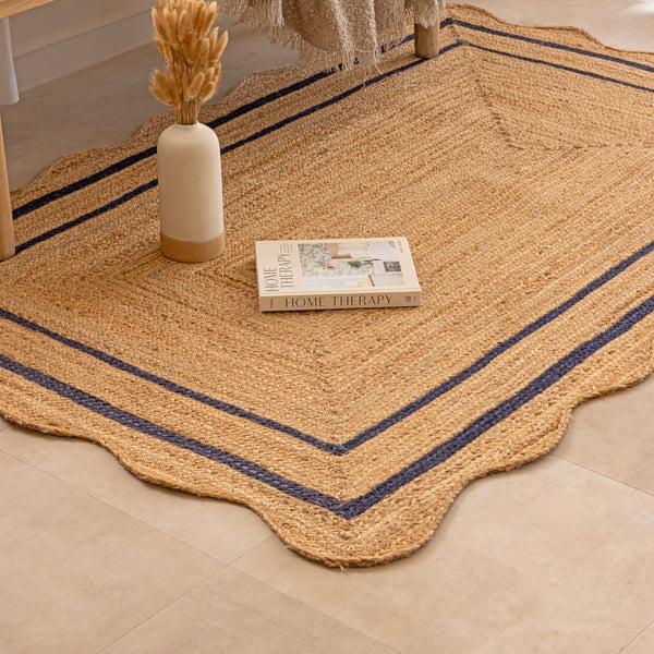 Handmade Scalloped Jute Rug with Navy Blue Border Natural Braided Jute Area Rug