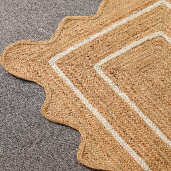 Handwoven Natural Jute Scalloped Rug with White Border | Eco-Friendly Boho Area Rug