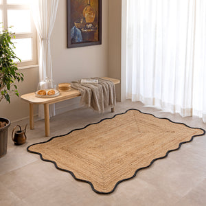 Handmade Scalloped Jute Rug with Black Border Natural Braided Jute Area Rug