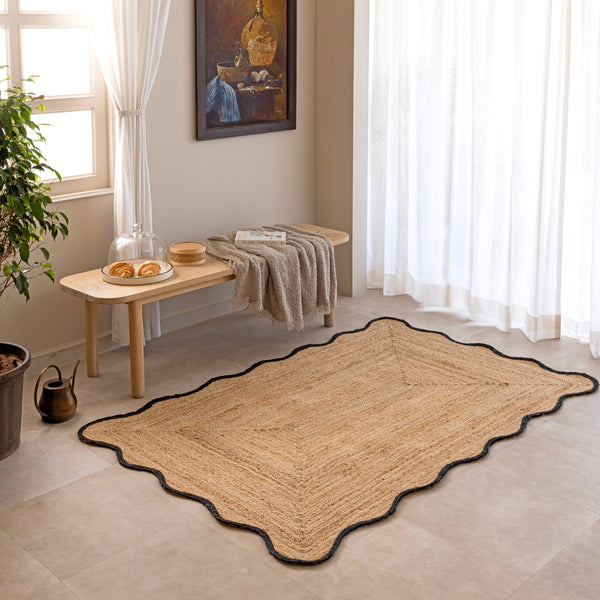 Handmade Scalloped Jute Rug with Black Border Natural Braided Jute Area Rug