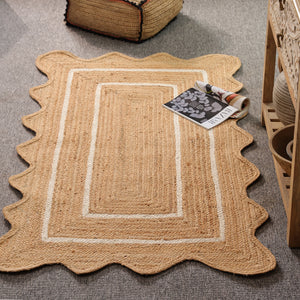 Handwoven Natural Jute Scalloped Rug with White Border | Eco-Friendly Boho Area Rug