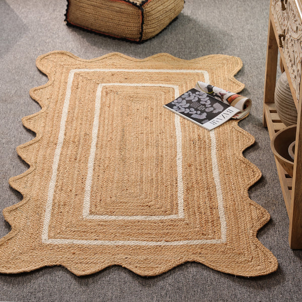 Handwoven Natural Jute Scalloped Rug with White Border | Eco-Friendly Boho Area Rug