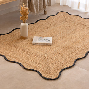 Handmade Scalloped Jute Rug with Black Border Natural Braided Jute Area Rug