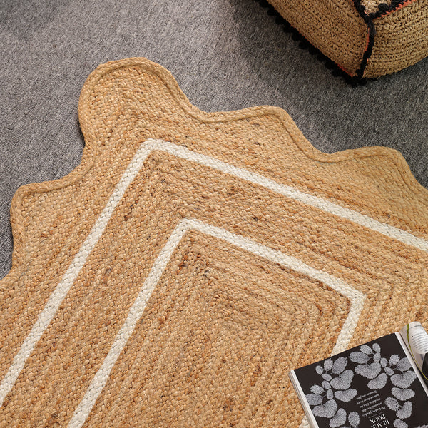 Handwoven Natural Jute Scalloped Rug with White Border | Eco-Friendly Boho Area Rug