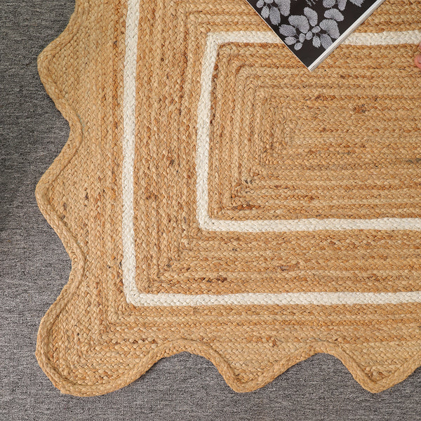 Handwoven Natural Jute Scalloped Rug with White Border | Eco-Friendly Boho Area Rug