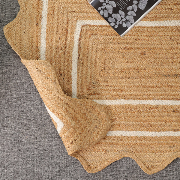 Handwoven Natural Jute Scalloped Rug with White Border | Eco-Friendly Boho Area Rug