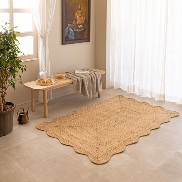 Handwoven Natural Jute Area Rug Scalloped Edge Jute Rug Handmade Boho Farmhouse Rug