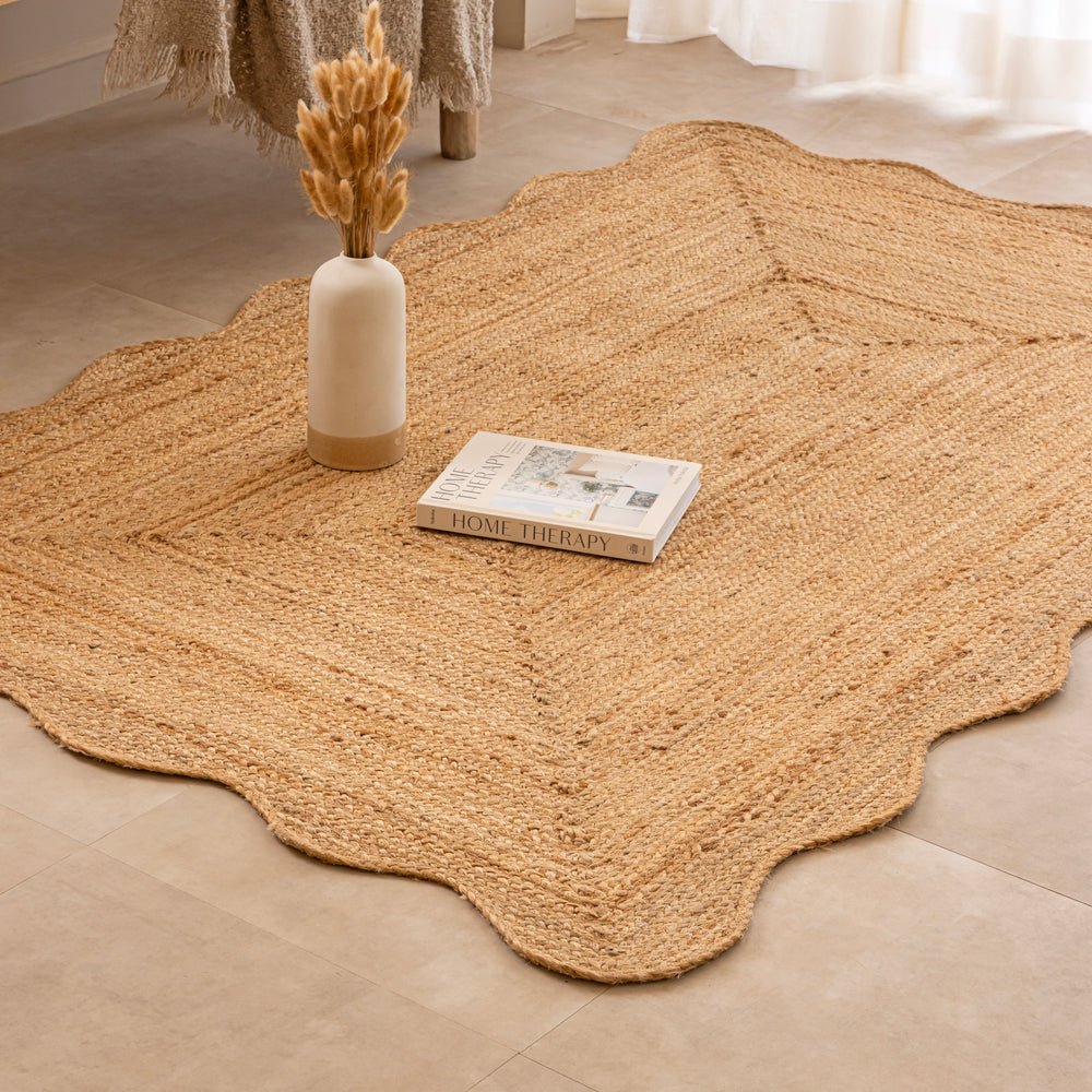 Handwoven Natural Jute Area Rug Scalloped Edge Jute Rug Handmade Boho Farmhouse Rug
