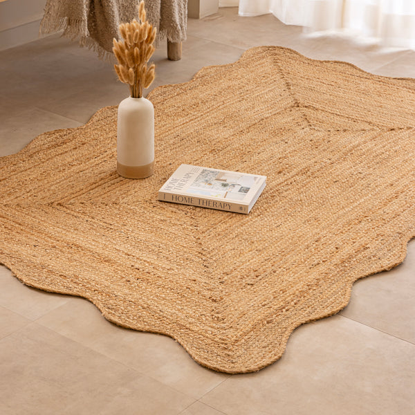 Handwoven Natural Jute Area Rug Scalloped Edge Jute Rug Handmade Boho Farmhouse Rug