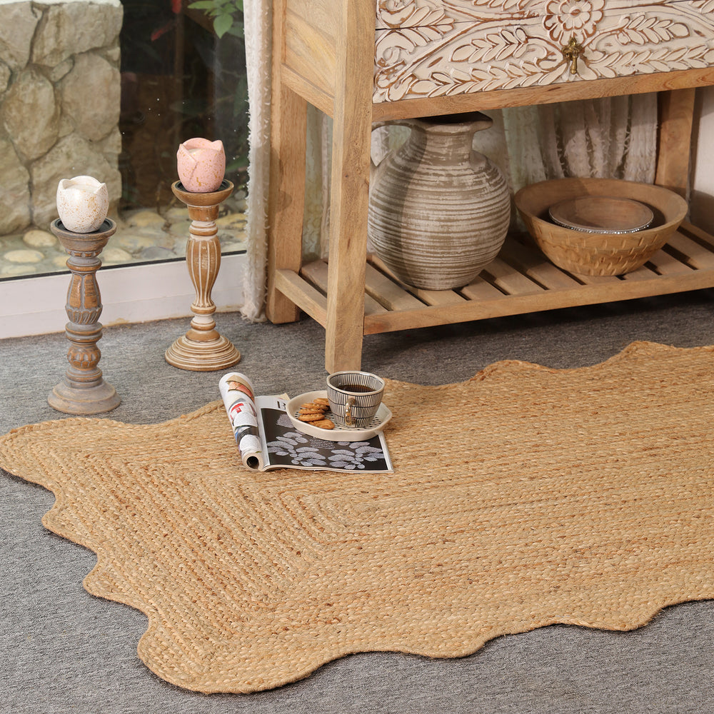 Handwoven Natural Jute Scalloped Area Rug | Handmade Eco-Friendly Boho Rug