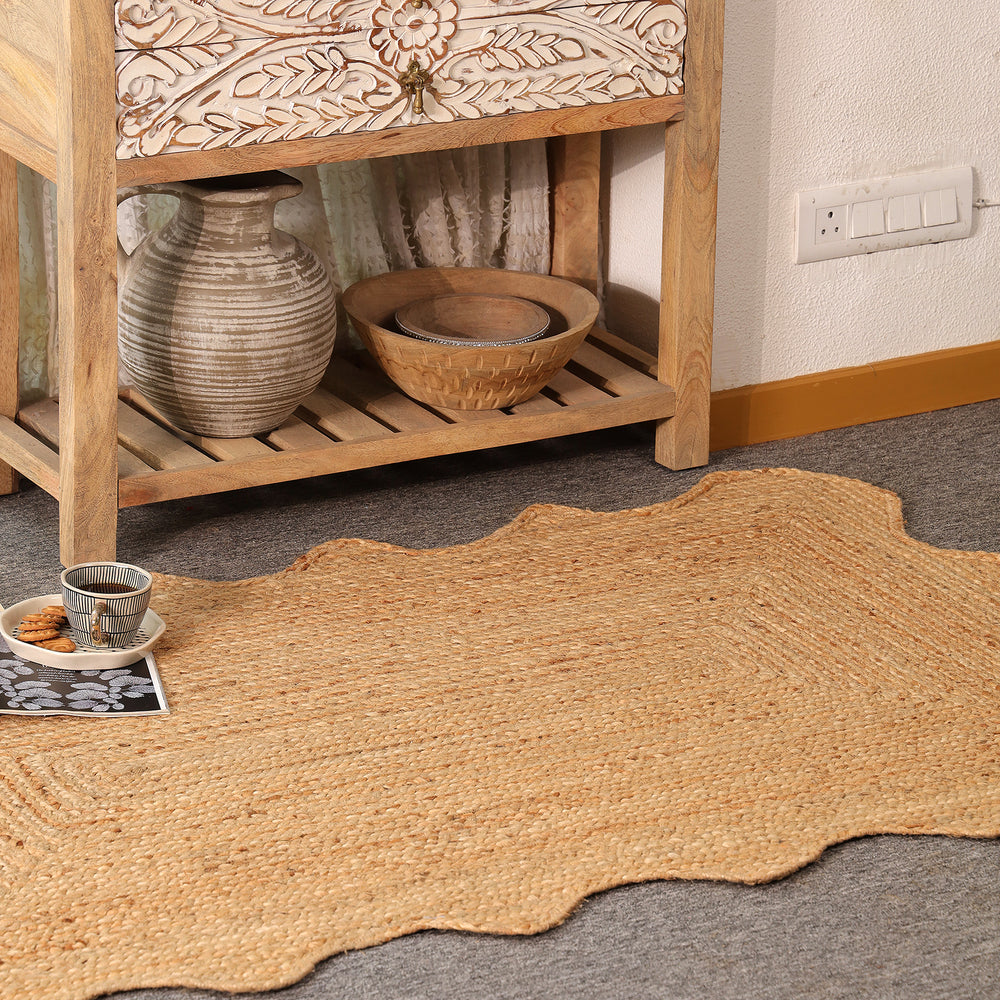 Handwoven Natural Jute Scalloped Area Rug | Handmade Eco-Friendly Boho Rug