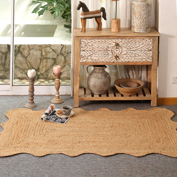 Handwoven Natural Jute Scalloped Area Rug | Handmade Eco-Friendly Boho Rug