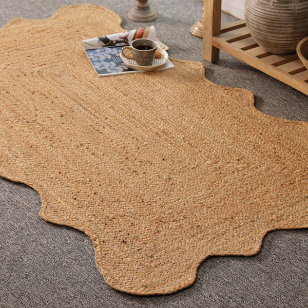 Handwoven Natural Jute Scalloped Area Rug | Handmade Eco-Friendly Boho Rug