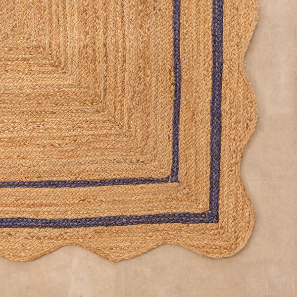 Handmade Scalloped Jute Rug with Navy Blue Border Natural Braided Jute Area Rug