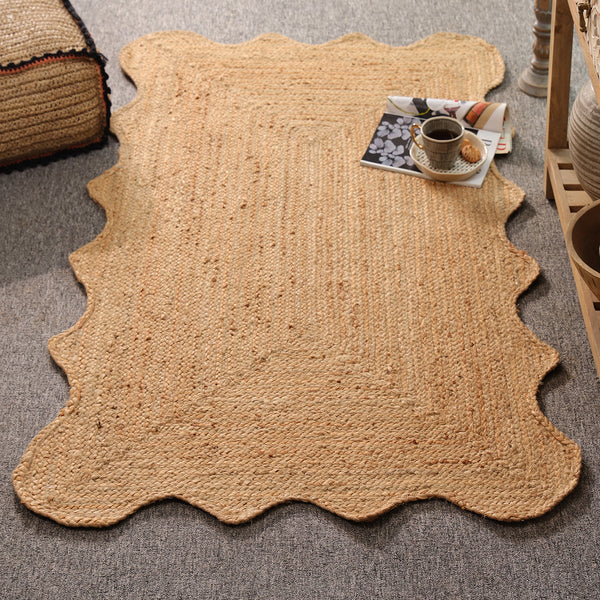 Handwoven Natural Jute Scalloped Area Rug | Handmade Eco-Friendly Boho Rug
