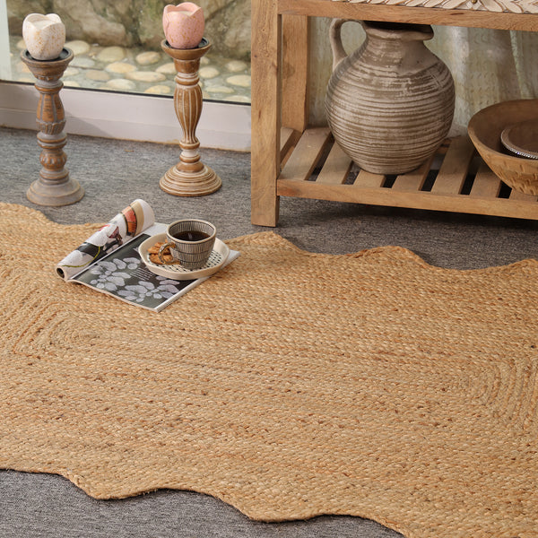 Handwoven Natural Jute Scalloped Area Rug | Handmade Eco-Friendly Boho Rug