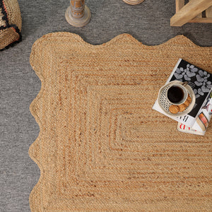 Handwoven Natural Jute Scalloped Area Rug | Handmade Eco-Friendly Boho Rug